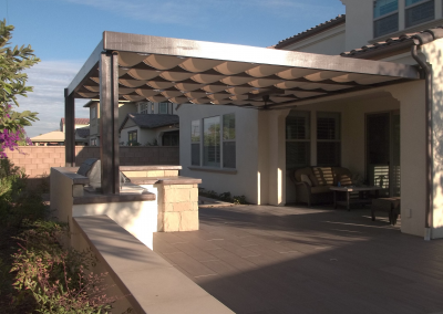 ALUMAWOOD PATIO COVERS WITH SLIDE ON WIRE AWNINGS ORANGE COUNTY