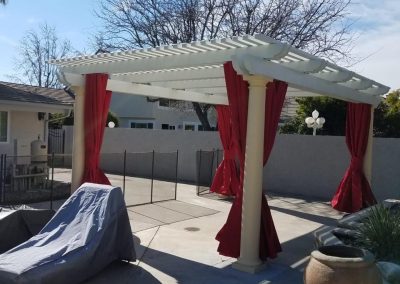 ALUMAWOOD PATIO COVER WITH EXTERIOR DRAPES BY THE AWNING COMPANY ORANGE COUNTY